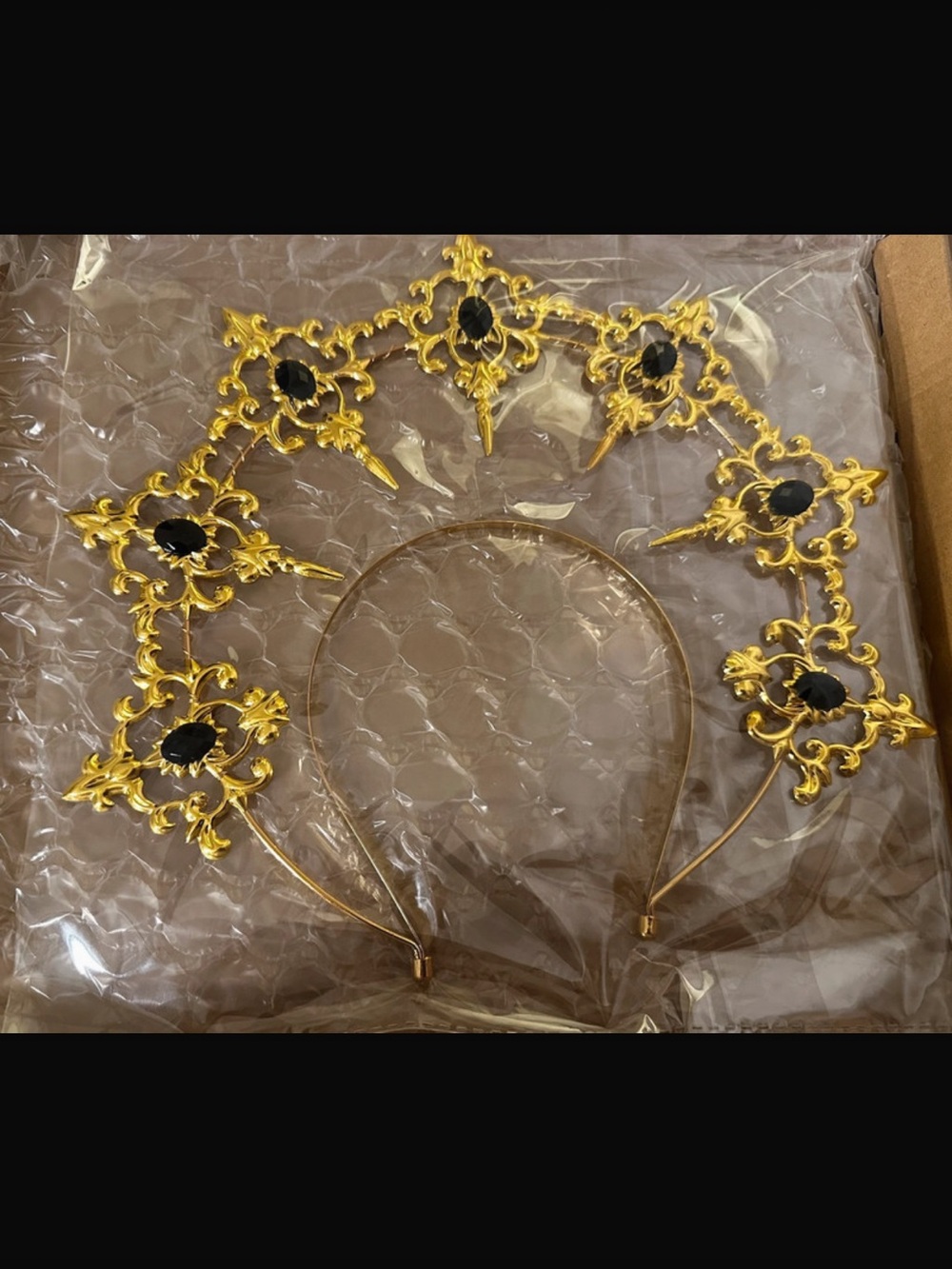 Gold Filigree Headband with Black Gem Accents - Women Accessories